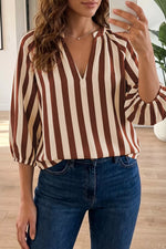 Striped Notched Half Sleeve Casual Blouse