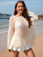 Openwork Slit Boat Neck Long Sleeve Cover-Up - Ladyez