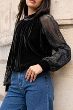 Solid Color Sheer Lace Long Sleeve Patchwork Stand Neck Velvet Blouse