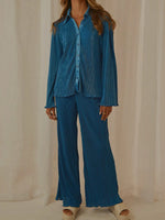 Collared Neck Long Sleeve Top and Pants Lounge Set - Ladyez