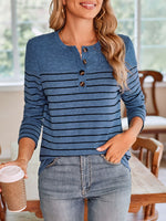 Lovelet Quarter Button Striped Round Neck Long Sleeve T-Shirt - Ladyez