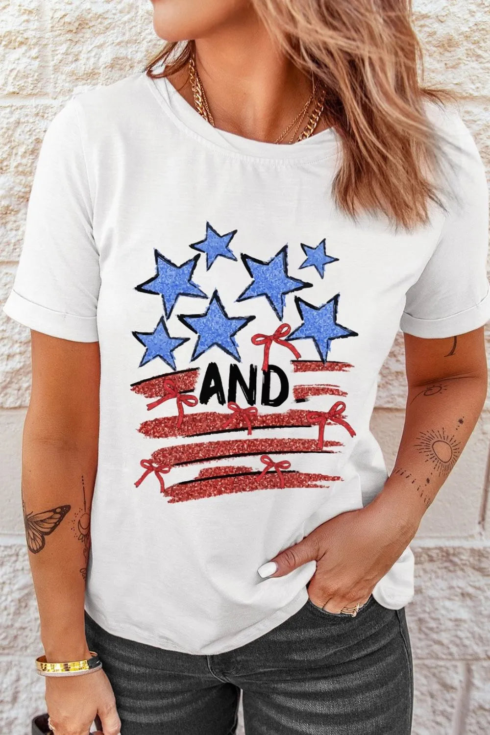 Stars and Stripes Bow Graphic T Shirt - Ladyez