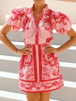 Puff Sleeve Printed Top and Zip Back Skirt Set - Ladyez