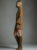 Full Size Suede Turtleneck Lantern Sleeve Mini Dress Plus Size