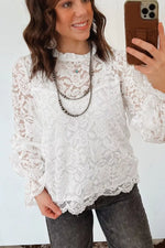Ruffled Round Neck Long Flounce Sleeve Sheer Lace Blouse