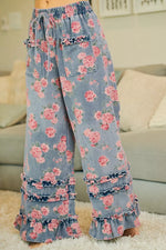 BiBi Washed Floral Denim With Ruffle Elastic Wide Pants