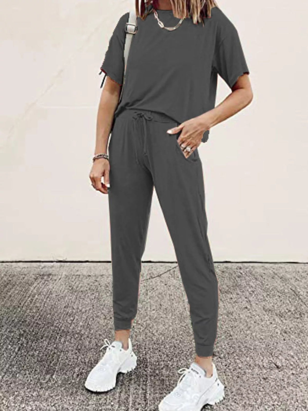 Full Size Round Neck Top and Drawstring Pants Set Plus Size