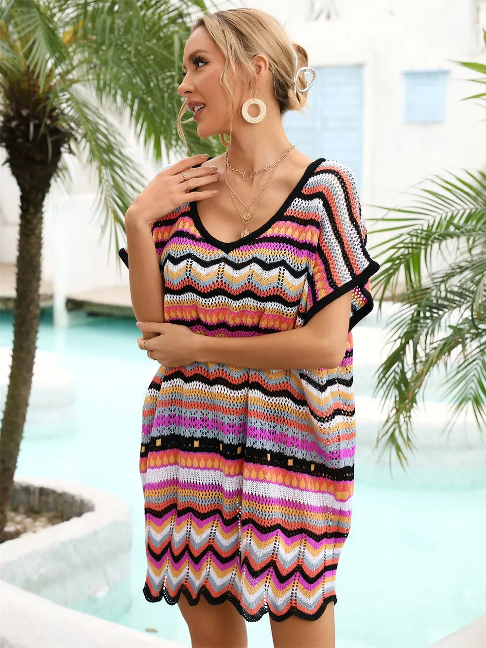 Angel Wings Rainbow Stripe Scalloped V-Neck Cover-Up Dress - Ladyez