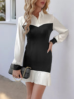 Two Tone Pleated Long Sleeve Shirt Dress - Ladyez