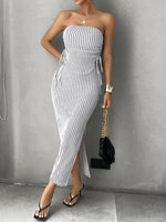 Striped Tube Top and Slit Skirt Set