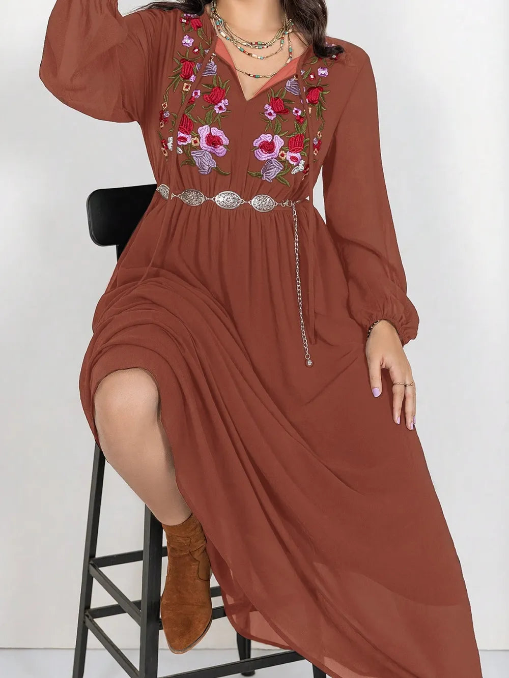 Plus Size Embroidered Tie Neck Long Sleeve Dress - Ladyez