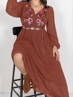 Plus Size Embroidered Tie Neck Long Sleeve Dress - Ladyez