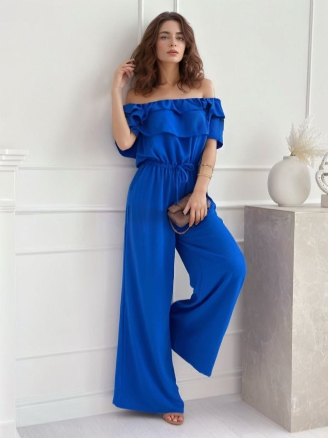 Ruffled Off-Shoulder Wide Leg Jumpsuit - Ladyez