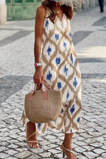 Abstract Print V Neck Sleeveless Midi Dress
