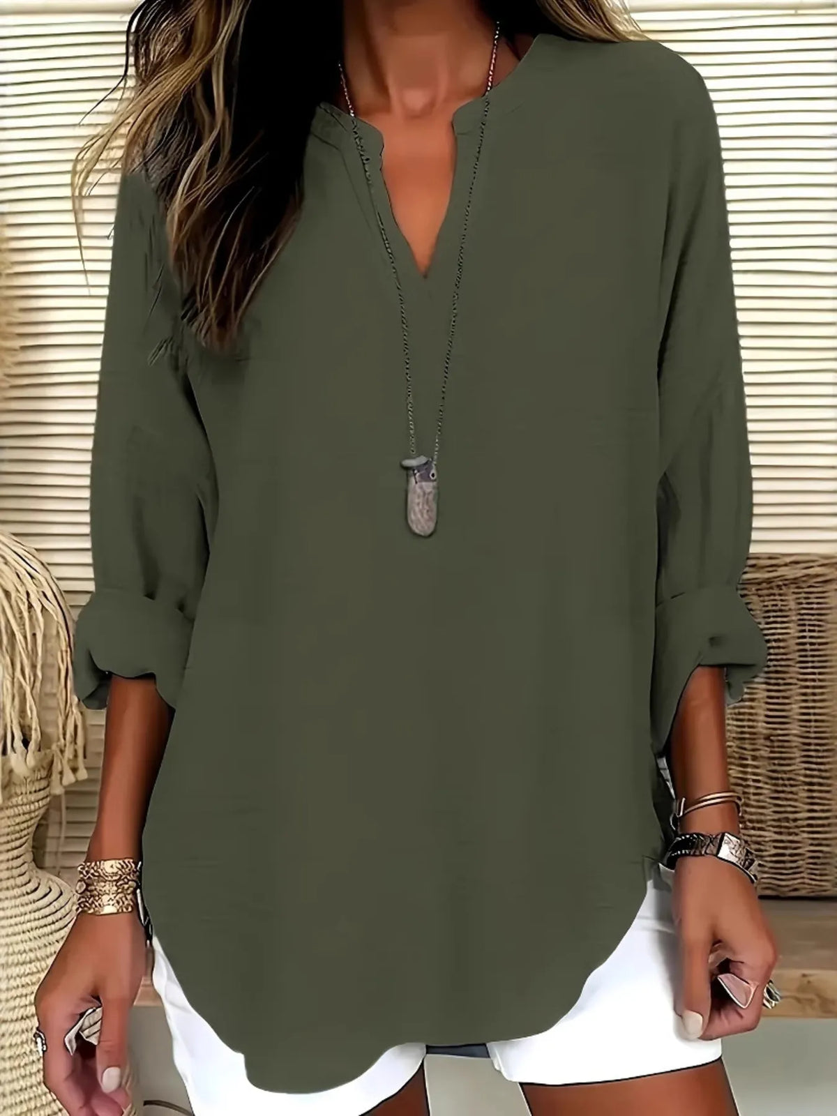 Notched Long Sleeve Casual Blouse - Ladyez