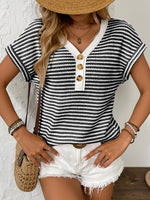 Striped V-Neck Short Sleeve T-Shirt - Ladyez