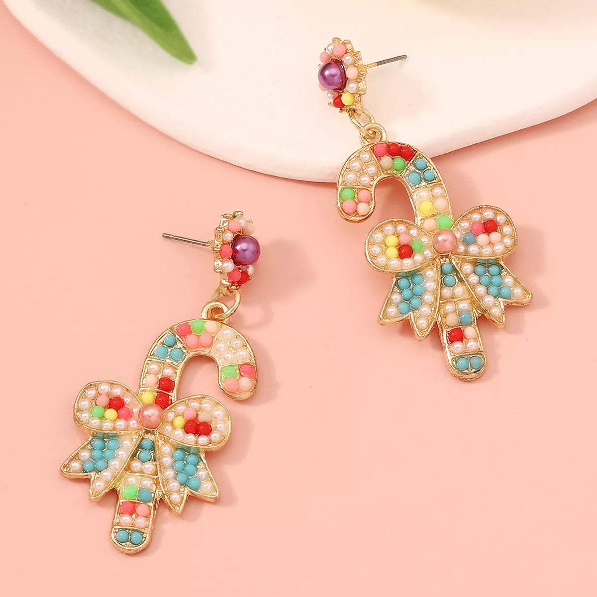 Christmas Candy Cane Bow Drop Earrings