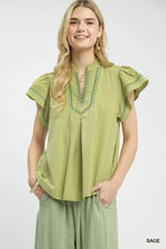 Umgee Embroidered Flutter Sleeve Blouse