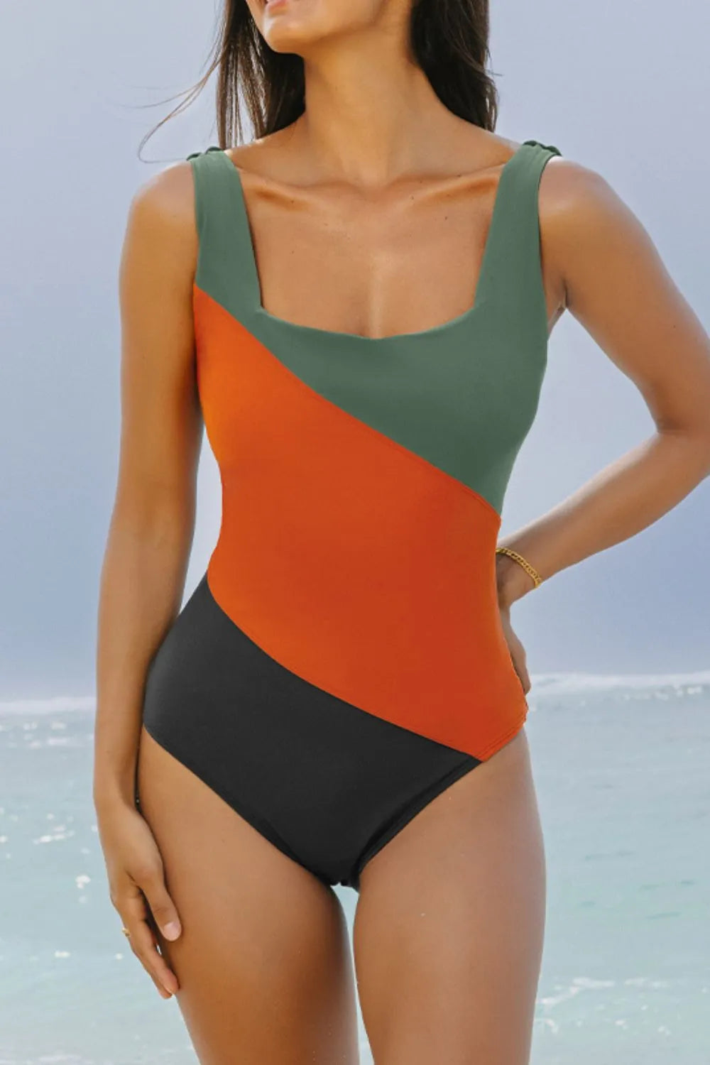 Color Block Padded Square Neck One Piece Swimsuit - Ladyez