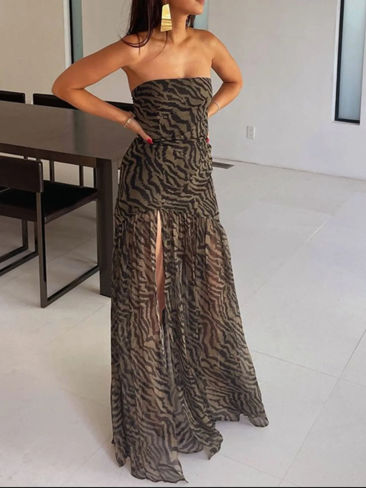 Zebra Print Maxi Dress with Side Slit - Ladyez