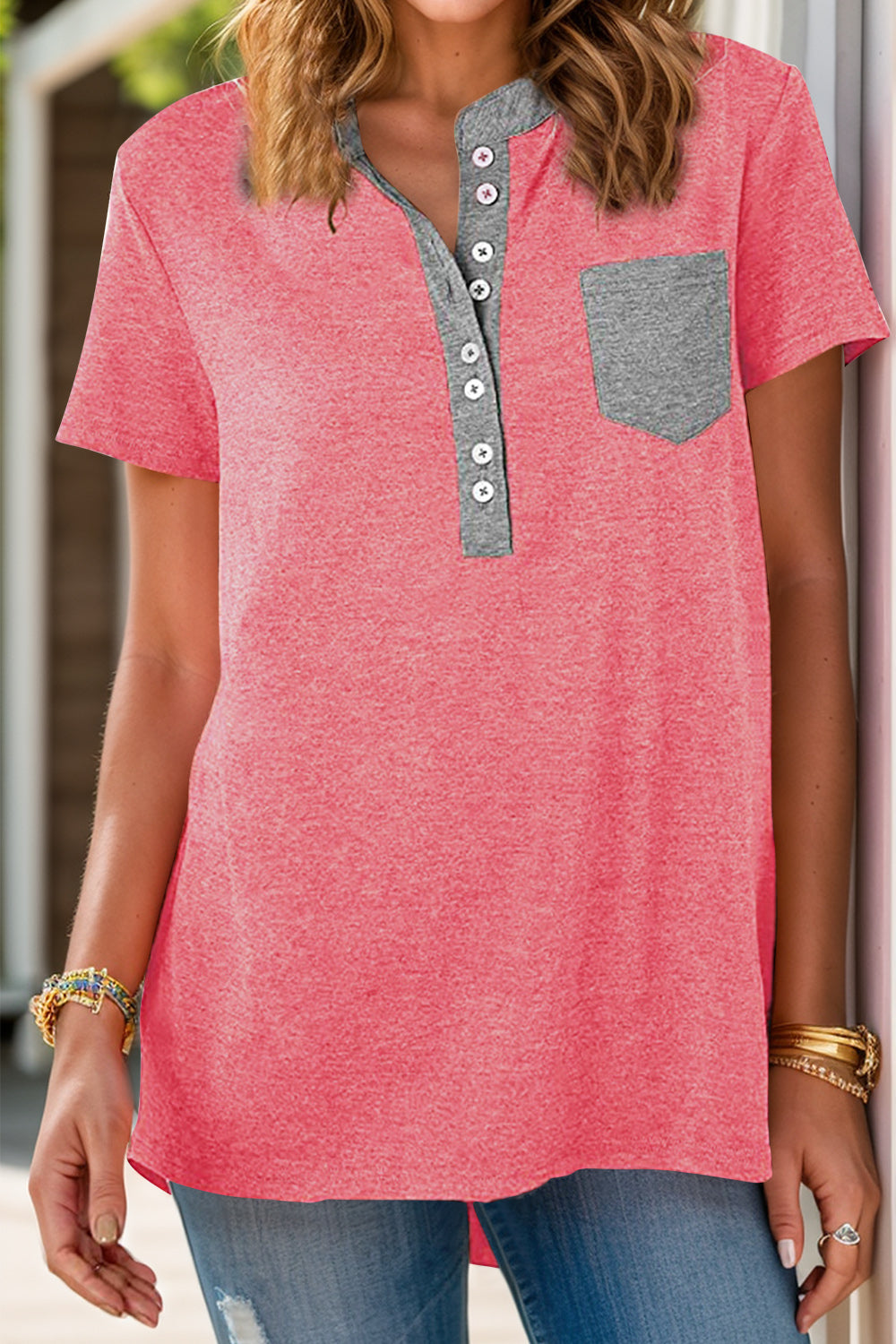 Full Size Half Button Short Sleeve T-Shirt - Ladyez