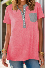 Full Size Half Button Short Sleeve T-Shirt - Ladyez