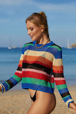 Angel Wings Rainbow Stripe Openwork Long Sleeve Cover-Up - Ladyez