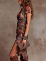 Floral Print V-Neck Midi Dress with High Slit