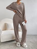 Ribbed Knit V-Neck Top and Pants Set