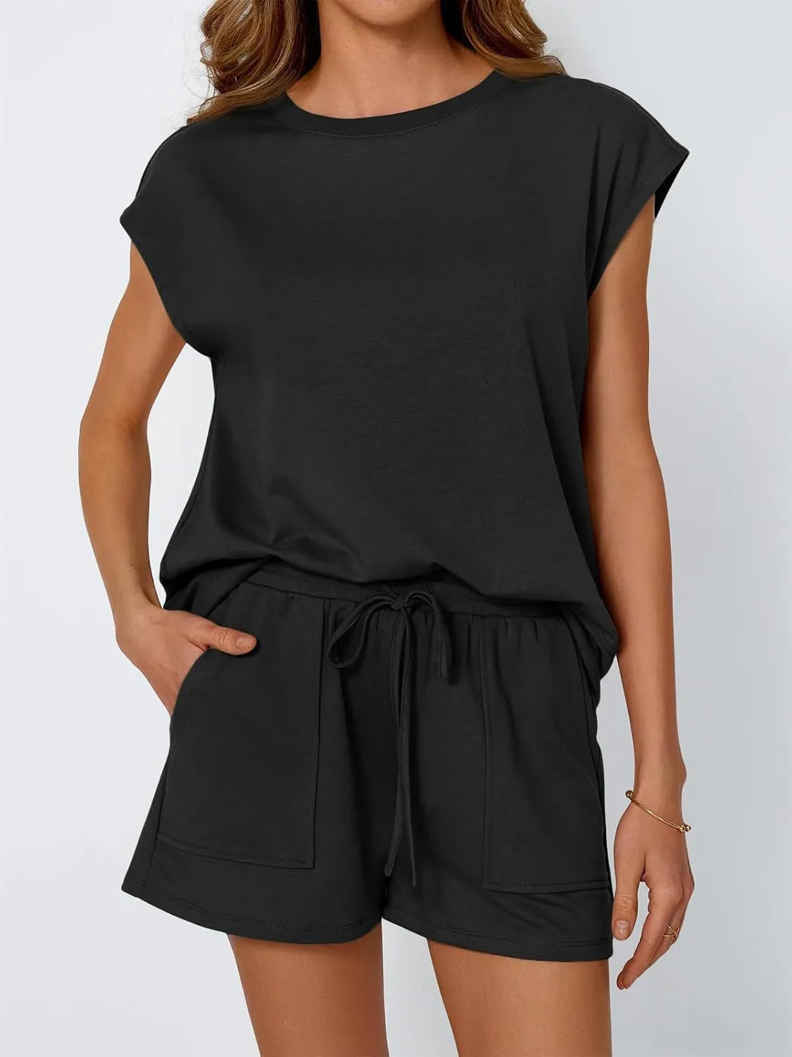 Round Neck Cap Sleeve Top and Shorts Set - Ladyez