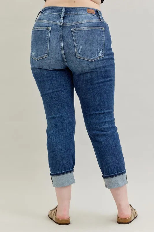 Judy Blue Full Size Mid Rise Cuffed Destroy Bf Jeans Plus Size - Ladyez
