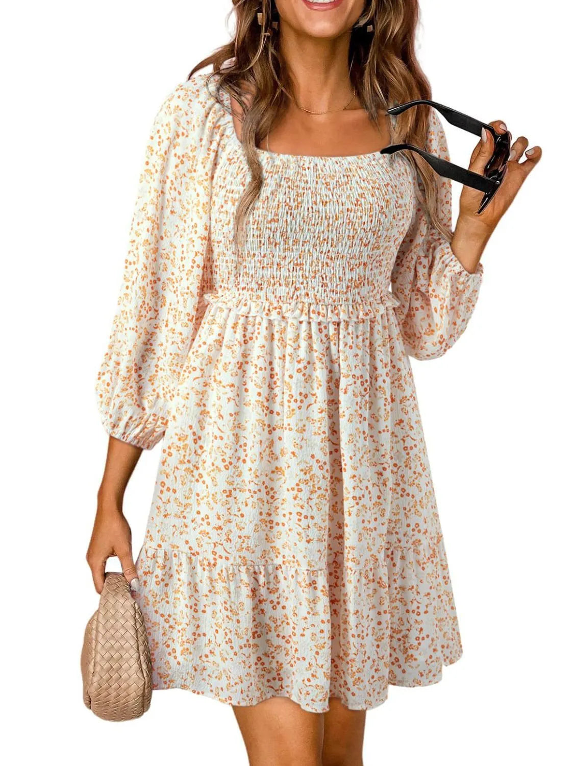 Smocked Floral Square Neck Dress