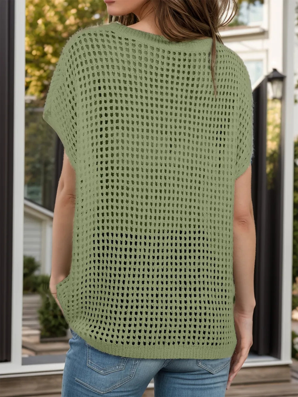 Openwork Round Neck Short Sleeve Cover-Up - Ladyez