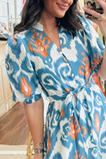 Floral Print Short Puff Sleeve Button Down Ruffle Hem Midi Dress