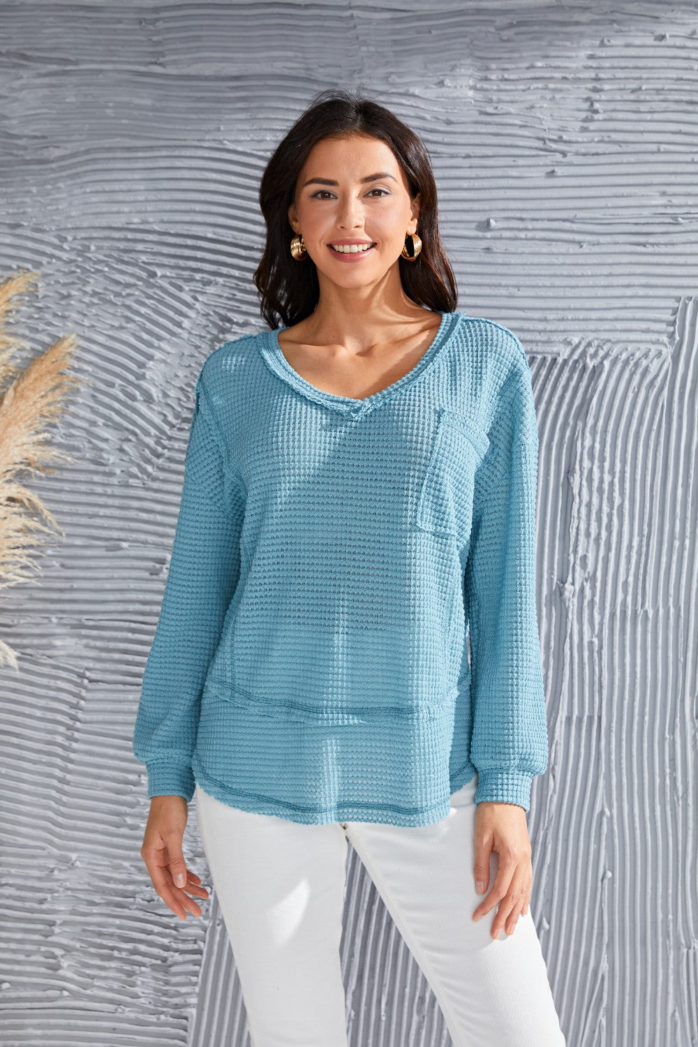 Waffle-Knit V-Neck Blouse with Breast Pocket - Ladyez