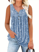 Full Size Floral Print Button Detail Tank Plus Size