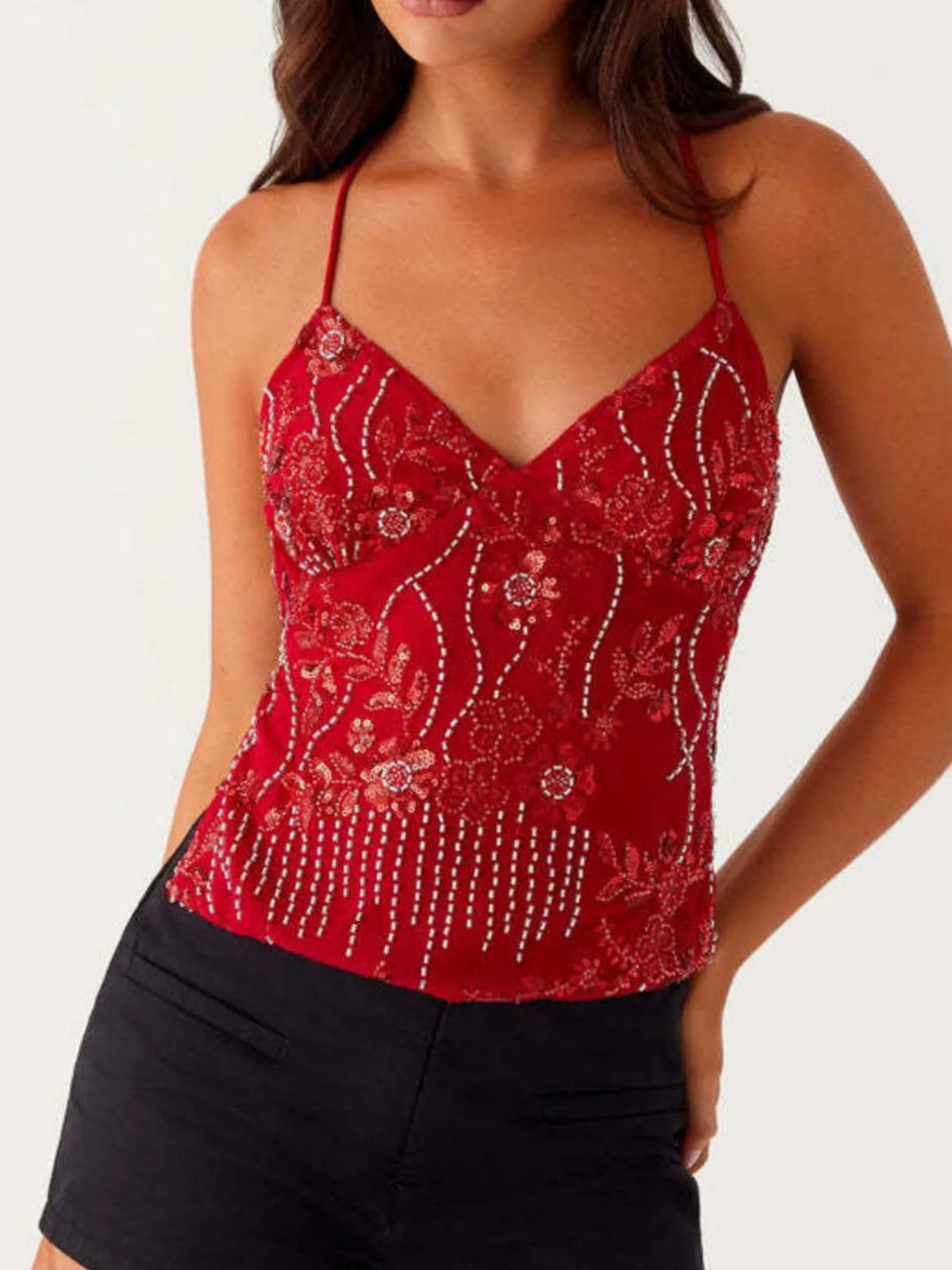 Crisscross Back V-Neck Cami - Ladyez
