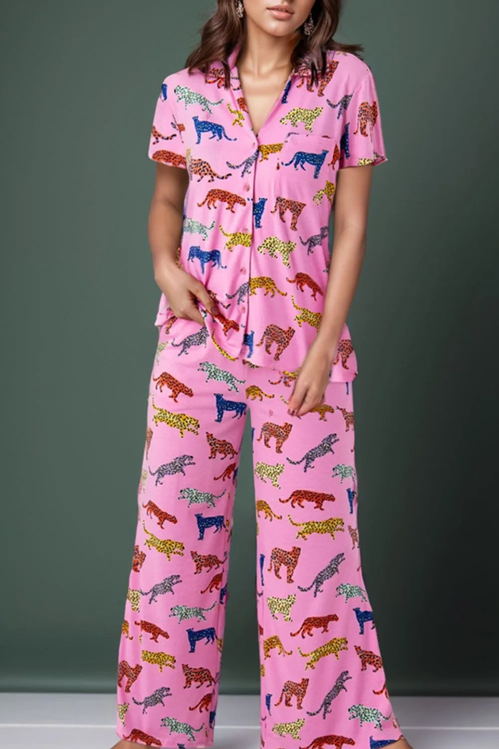 Animal Button Up Top and Pants Lounge Set - Ladyez