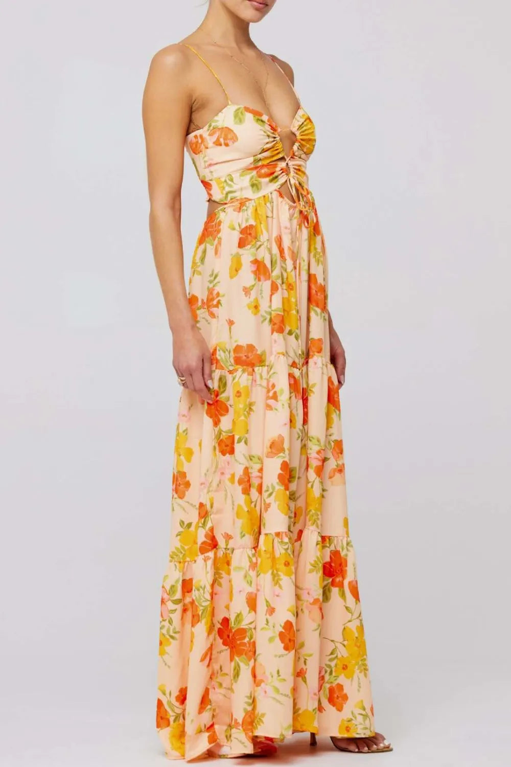 Floral Print Tie Front Tiered Maxi Dress - Ladyez