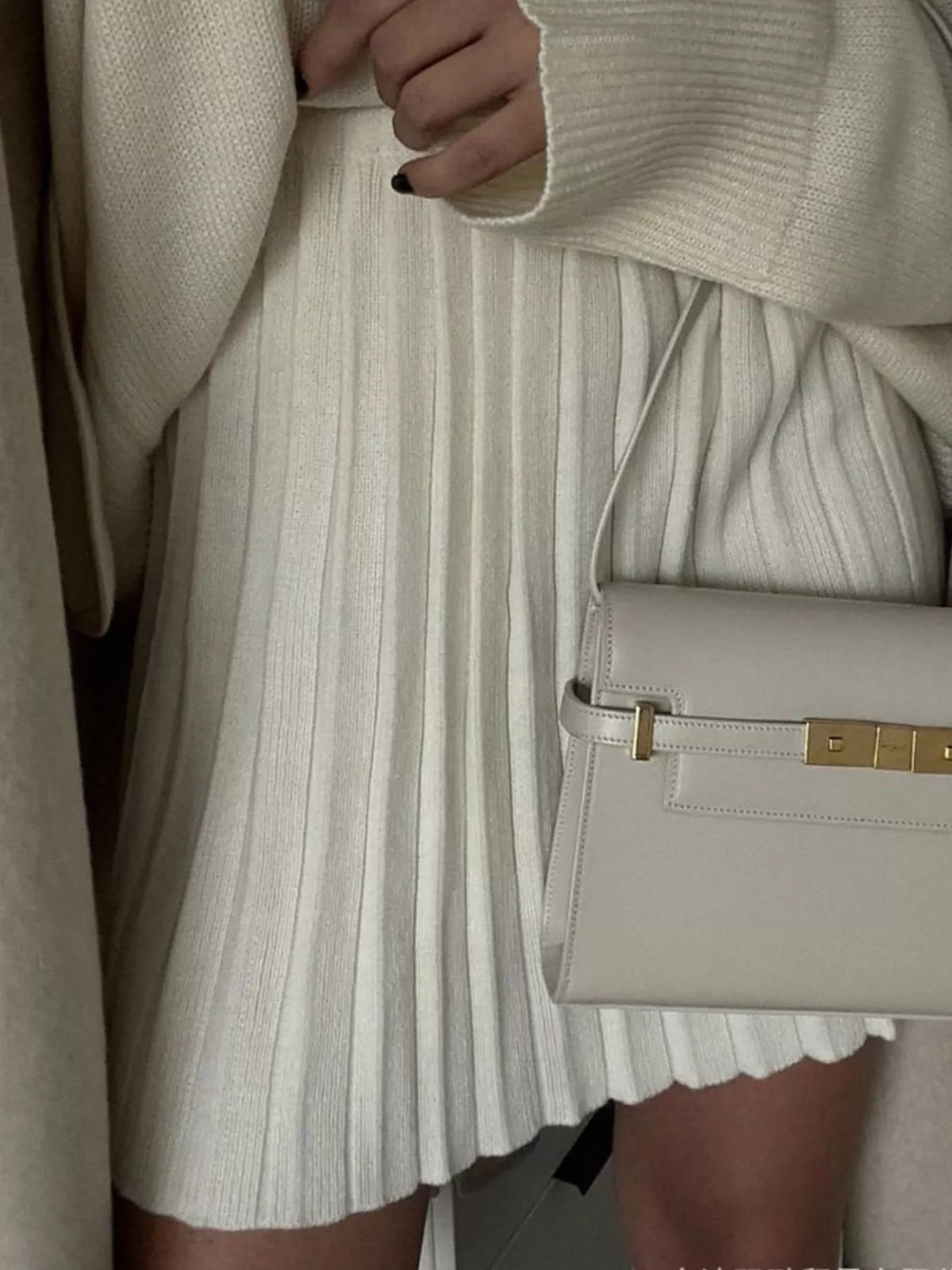 Round Neck Top and Pleated Skirt Sweater Set
