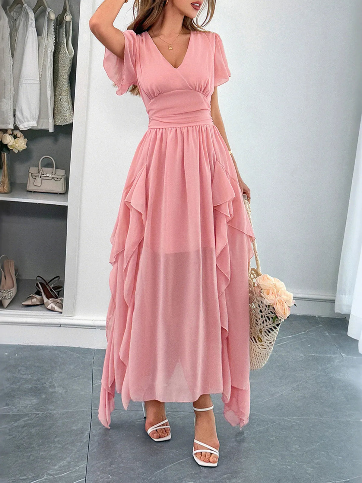 V-Neck Flutter Sleeve Dress - Ladyez