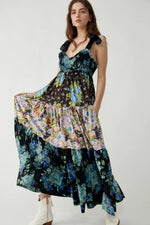 Floral Tiered Maxi Dress with Mixed Print Design