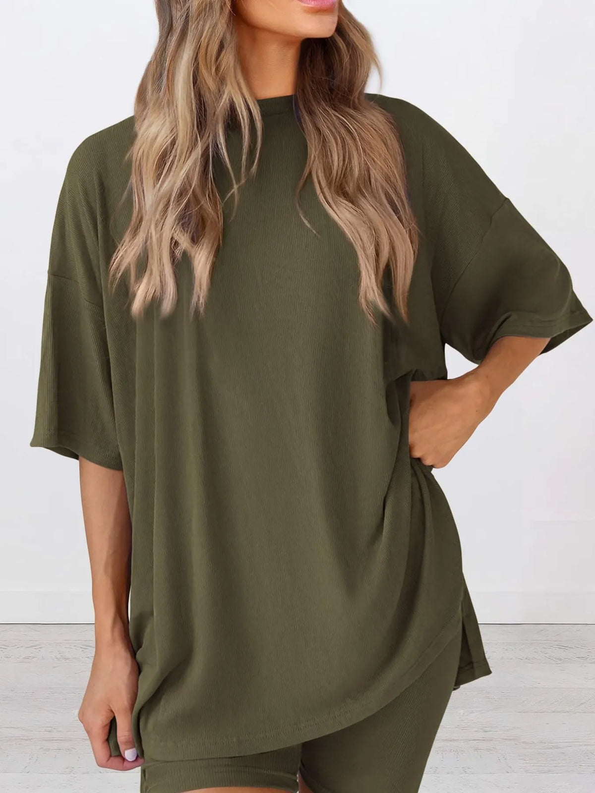 Full Size Oversized Slit Round Neck Top and Shorts Lounge Set Plus Size - Ladyez