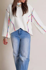 Rainbow Stitching Long Sleeve Relaxed Sweater