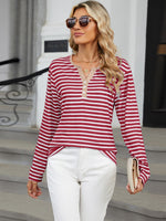 Striped Notched Long Sleeve T-Shirt - Ladyez