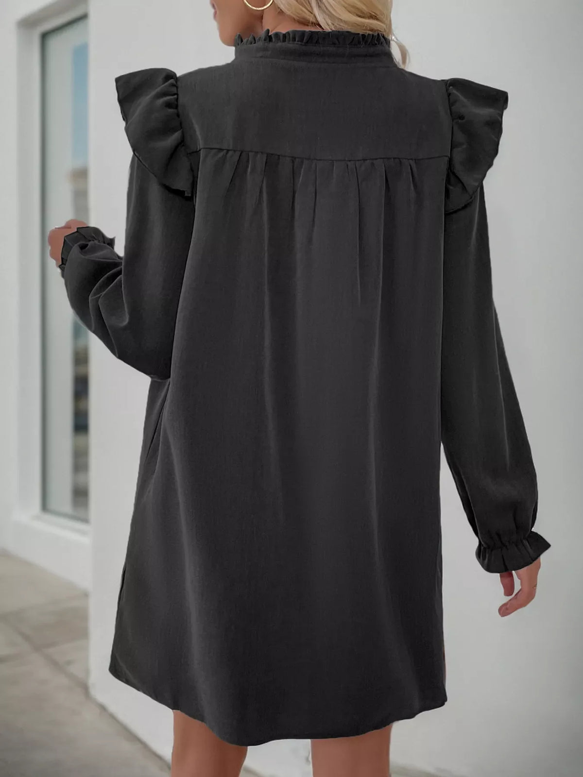 Ruffled Notched Long Sleeve Dress