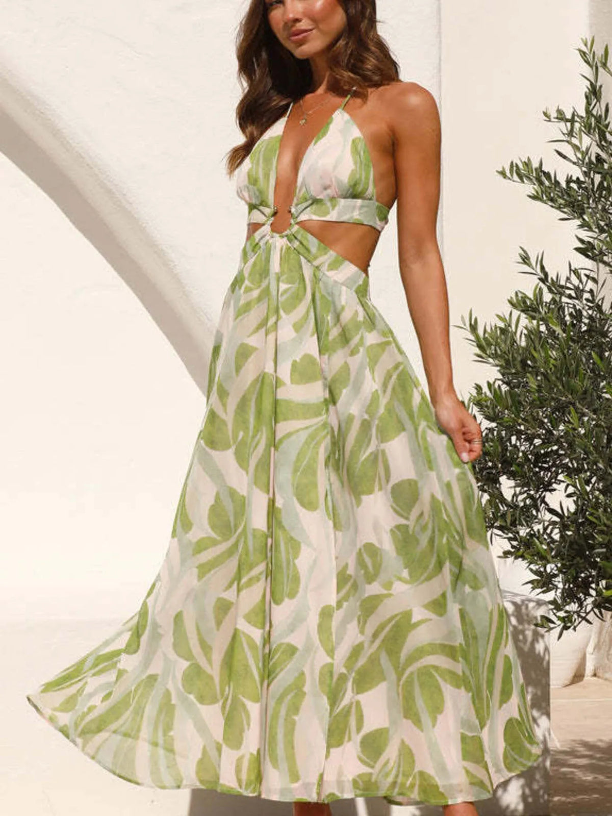 Tropical Print Backless Maxi Sleeveless Dress - Ladyez
