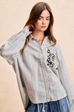 BiBi Flower Jacquard Knit Patch Pocket Stripe Shirt