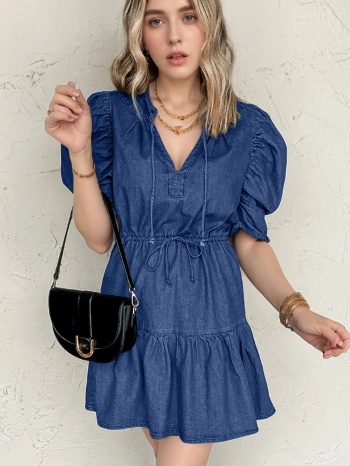 Drawstring High Waist Puff Sleeve Denim Mini Dress