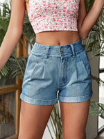 Pleated Detail High Rise Denim Shorts - Ladyez